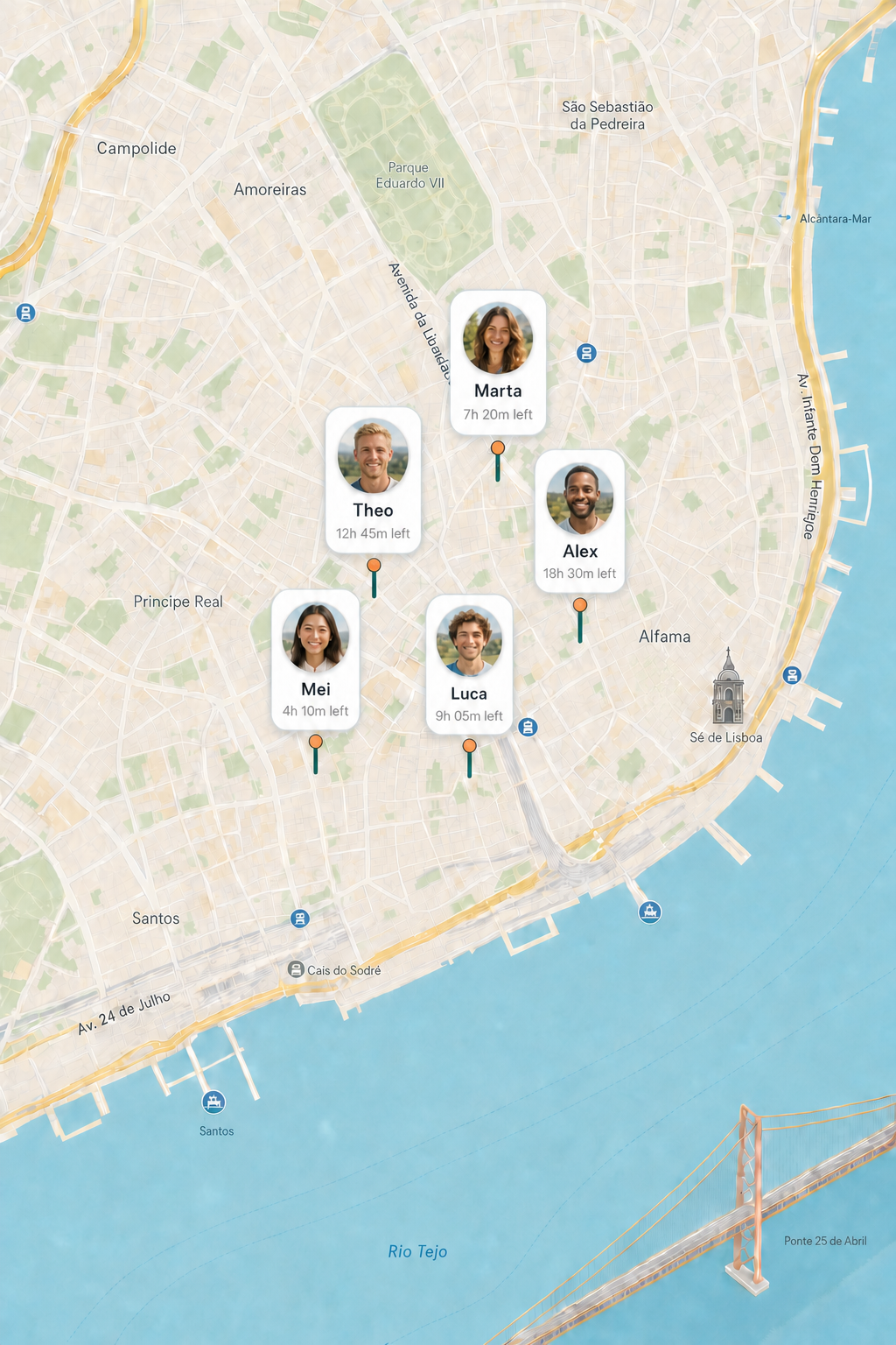 A stylised map of friends checked in around Lisbon